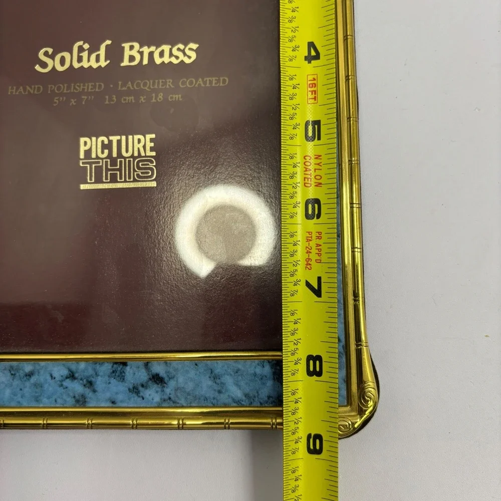 Picture‎ This Solid Brass 5x7 Picture Frame Blue Marble Inlay Bamboo Gold Trim